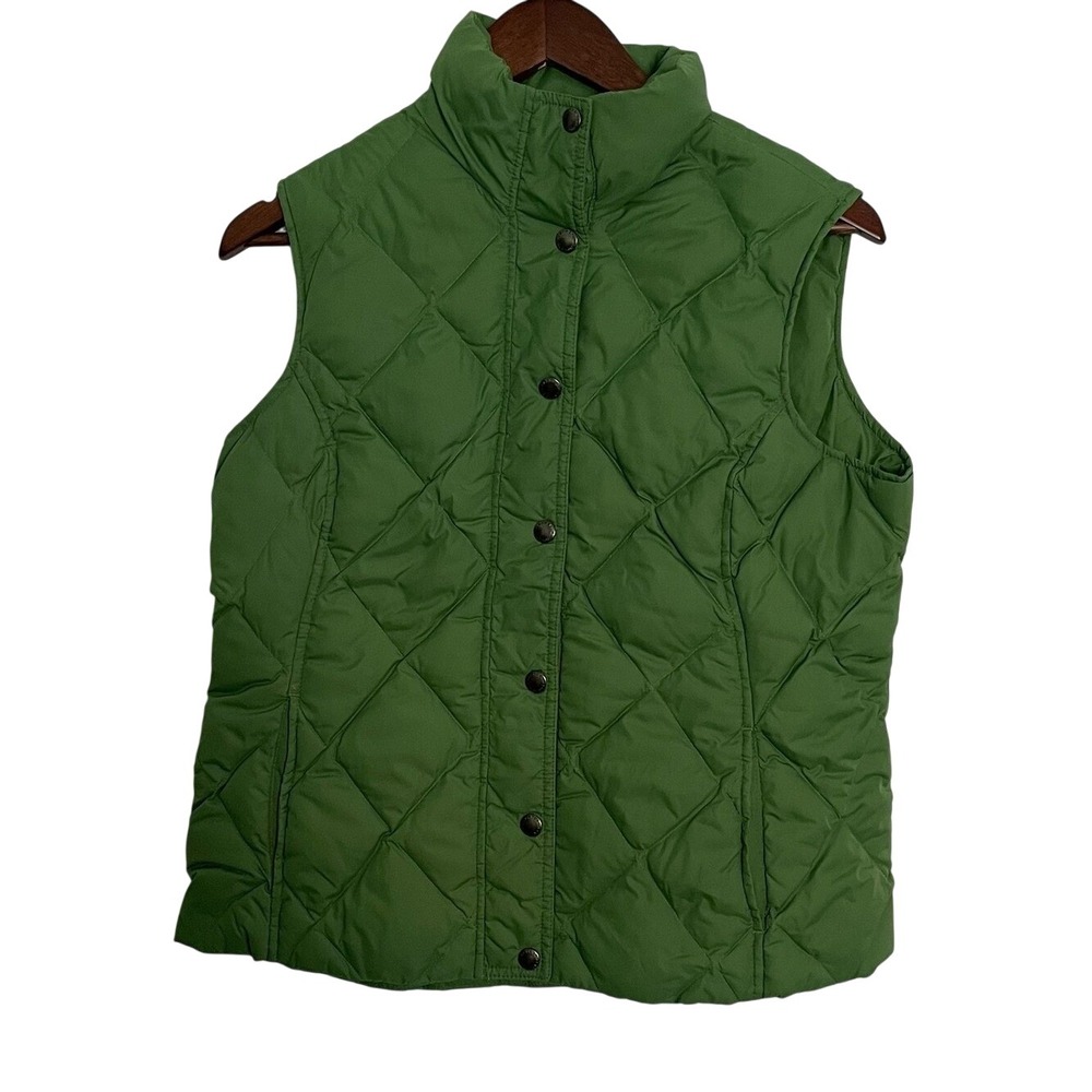 Lands End Womens S Green Down Puffer Vest Quilted Snap Front Lightweight Preppy